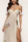Sparkly Ivory Floral Off the Shoulder Mermaid Maxi Formal Dress with Slit