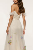 Sparkly Ivory Floral Off the Shoulder Mermaid Maxi Formal Dress with Slit