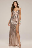 Sparkly Rose Golden Spaghetti Straps Mermaid Long Sequin Formal Dress with Slit