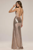 Sparkly Rose Golden Spaghetti Straps Mermaid Long Sequin Formal Dress with Slit
