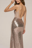 Sparkly Rose Golden Spaghetti Straps Mermaid Long Sequin Formal Dress with Slit