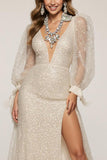 Sparkly Ivory Sequin V-Neck Mermaid Maxi Formal Dress with Slit