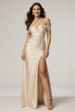 Champagne Mermaid Off the Shoulder Ruched Satin Long Formal Dress with Slit