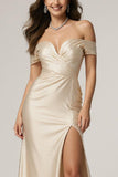 Champagne Mermaid Off the Shoulder Ruched Satin Long Formal Dress with Slit