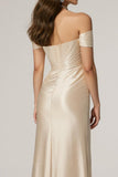Champagne Mermaid Off the Shoulder Ruched Satin Long Formal Dress with Slit