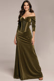 Green Corset Off the Shoulder Velvet Long Formal Dress with Sleeves