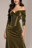 Green Corset Off the Shoulder Velvet Long Formal Dress with Sleeves