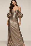 Sparkly Brown Sequin Cold Shoulder Mermaid Long Formal Dress with Sleeves