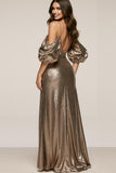 Sparkly Brown Sequin Cold Shoulder Mermaid Long Formal Dress with Sleeves