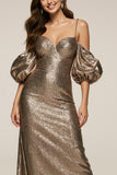 Sparkly Brown Sequin Cold Shoulder Mermaid Long Formal Dress with Sleeves