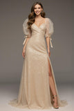 Sparkly Champagne Puff Sleeves Mermaid Long Sequin Formal Dress with Slit