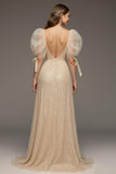 Sparkly Champagne Puff Sleeves Mermaid Long Sequin Formal Dress with Slit