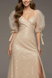 Sparkly Champagne Puff Sleeves Mermaid Long Sequin Formal Dress with Slit