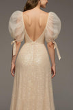 Sparkly Champagne Puff Sleeves Mermaid Long Sequin Formal Dress with Slit
