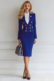 Royal Blue Double Breasted 2 Piece Midi Pencil Business Suits