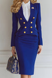 Royal Blue Double Breasted 2 Piece Midi Pencil Business Suits