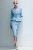 Blue Peak Lapel Pencil 2 Piece Midi Business Suits with Pockets