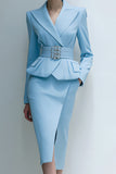 Blue Peak Lapel Pencil 2 Piece Midi Business Suits with Pockets