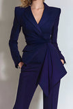 Dark Purple 2 Piece Slim Fit Long Sleeves Ruched Prom Suits with Sash