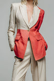 Khaki Red 2 Piece Peak Lapel Patchwork One Button Long Sleeves Prom Suits