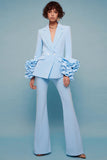 2 Piece Blue Long Sleeves Notched Lapel Prom Suits with Ruffles