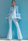 Blue 2 Piece One Button Notched Lapel Ruffled Long Sleeves Prom Suits