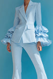 Blue 2 Piece One Button Notched Lapel Ruffled Long Sleeves Prom Suits