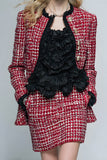 2 Piece Red Grid Tight Short Tweed Outfits with Ruffles