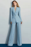 Grey Blue Peak Lapel 2 Piece Long Sleeves Prom Suits
