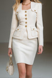 White Single Breasted Pencil 2 Piece Short Tweed Outfits