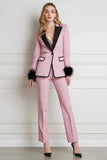 Black Pink 2 Piece Patchwork Peak Lapel Prom Suits with Feathers