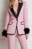Black Pink 2 Piece Patchwork Peak Lapel Prom Suits with Feathers