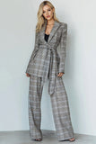 Grey Grid Peak Lapel 2 Piece Business Suits with Sash