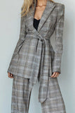 Grey Grid Peak Lapel 2 Piece Business Suits with Sash