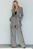 Grey Grid Notched Lapel 2 Piece Business Suits with Pockets