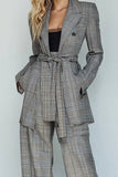Grey Grid Notched Lapel 2 Piece Business Suits with Pockets