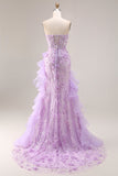 Sparkly Lilac Floral Ruffled Sweetheart Mermaid Beaded Long Prom Dress with Slit