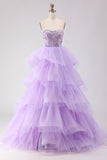 Sparkly Purple Ruffled Tiered Beaded Floral Tulle Long Corset Prom Dress
