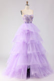 Sparkly Purple Ruffled Tiered Beaded Floral Tulle Long Corset Prom Dress