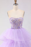 Sparkly Purple Ruffled Tiered Beaded Floral Tulle Long Corset Prom Dress