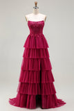 Sparkly Floral Fuchsia Beaded Tiered Long Corset Prom Dress with Slit