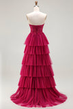 Sparkly Floral Fuchsia Beaded Tiered Long Corset Prom Dress with Slit