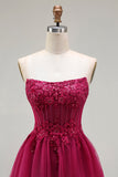 Sparkly Floral Fuchsia Beaded Tiered Long Corset Prom Dress with Slit