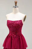 Sparkly Floral Fuchsia Beaded Tiered Long Corset Prom Dress with Slit