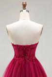 Sparkly Floral Fuchsia Beaded Tiered Long Corset Prom Dress with Slit