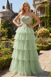 Sparkly Floral Green Tiered Beaded Long Corset Prom Dress with Ruffles