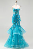 Sparkly Blue Sequin Mermaid Tiered Long Corset Prom Dress with Ruffles