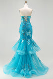 Sparkly Blue Sequin Mermaid Tiered Long Corset Prom Dress with Ruffles