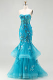 Sparkly Blue Sequin Mermaid Tiered Long Corset Prom Dress with Ruffles