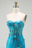 Sparkly Blue Sequin Mermaid Tiered Long Corset Prom Dress with Ruffles